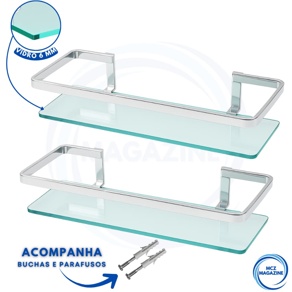 Kit 2 Prateleira Porta Shampoo Banheiro Vidro Reto Antiferrugem Suporte Parede Organizador Vidro6mm