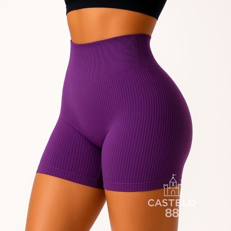 Short Fitness Canelado Poliamida Academia Zero Transparência Feminino Tecido Premium Meia Coxa Cintura Alta Confortável.
