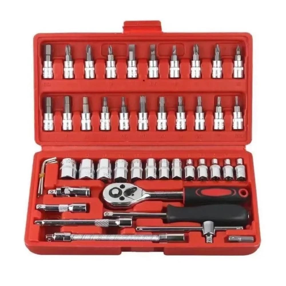 KIT JOGO DE CHAVE Soquete com Catraca Reversível 1/4 com 46 Peças