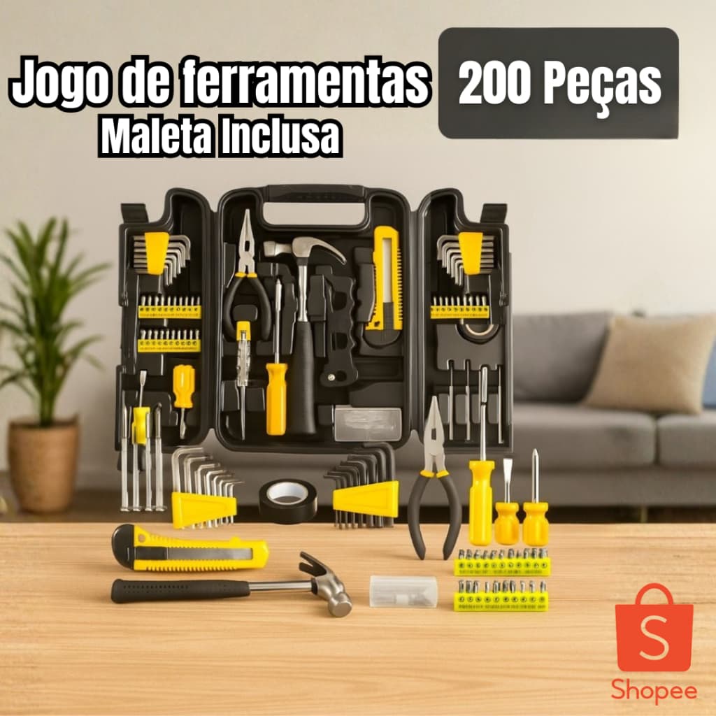 Kit Ferramenta Maleta Completo 200 Pecas Profissional Multiuso Preto Caixa Ferramentas Essenciais Residência Trabalho