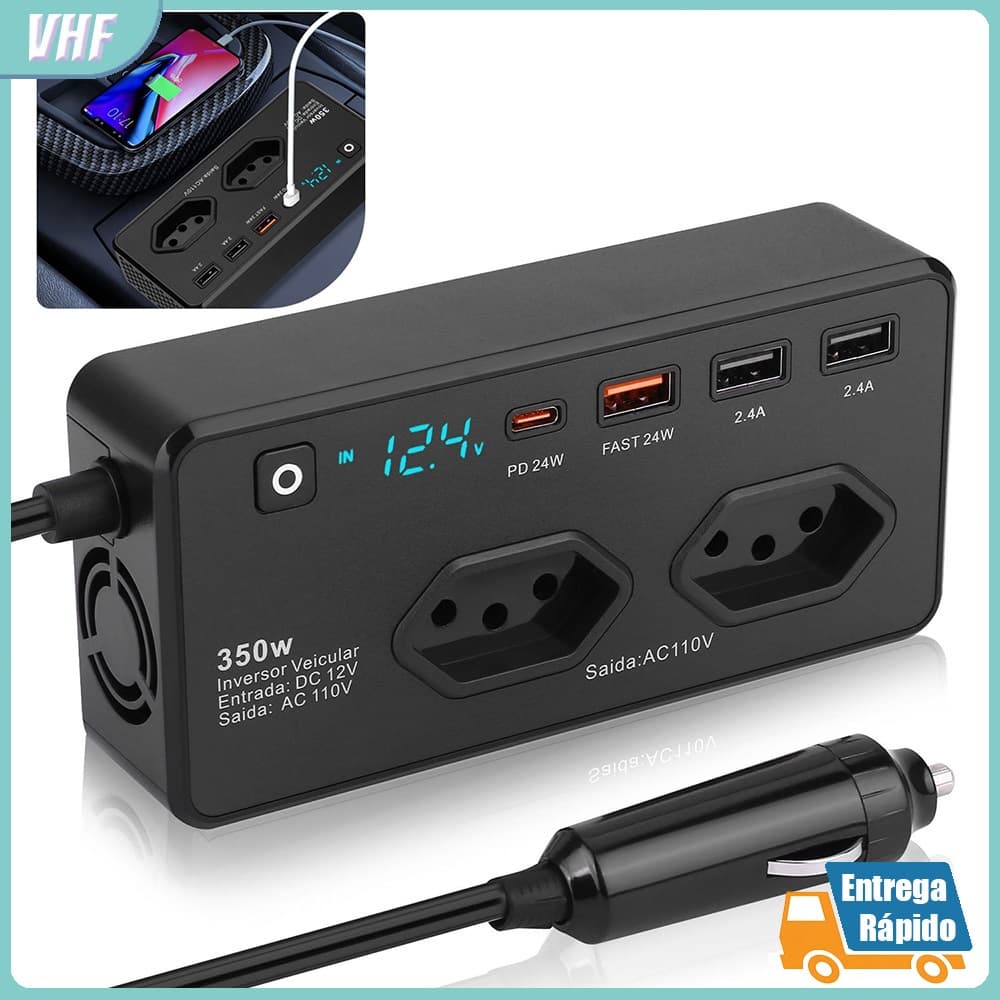 Inversor Veicular 350W 12V Para 110/220V HREBOS IF-378 Com Tomada USB Turbo e USB C Conversor de Energia MultiCar