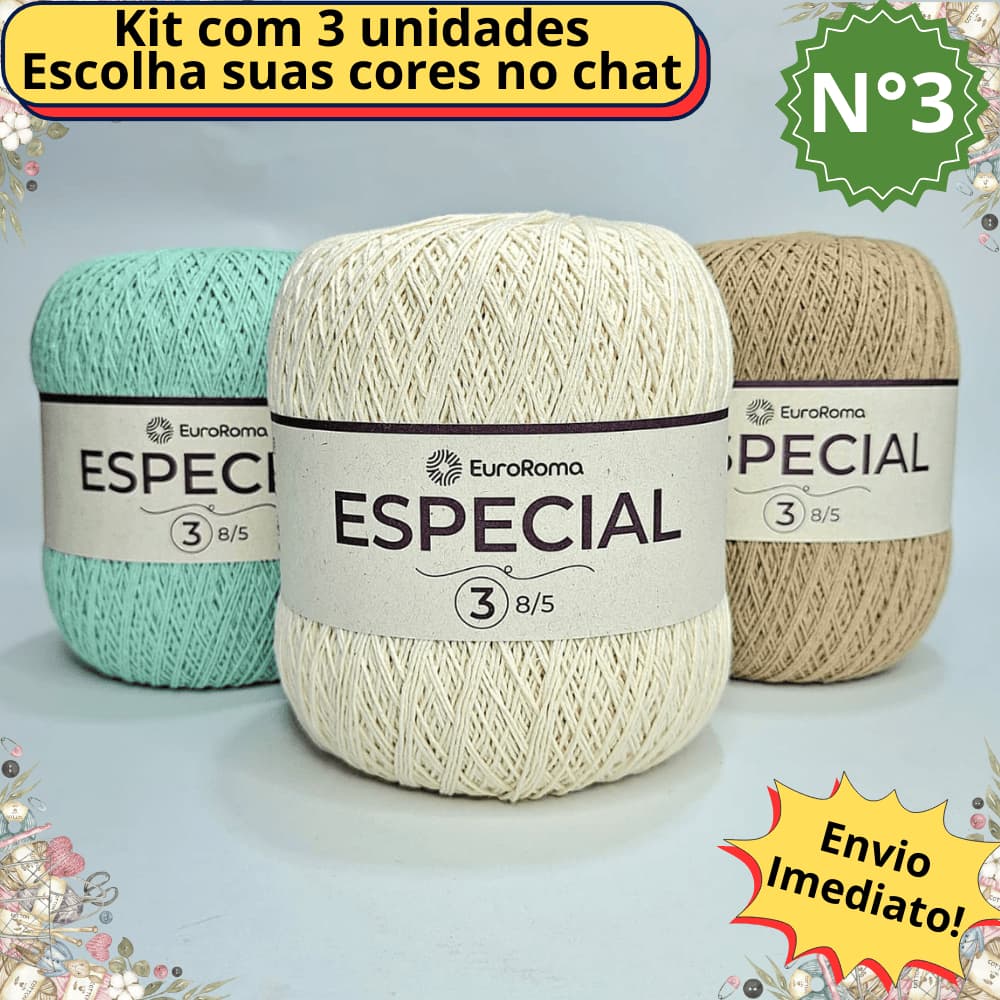 Kit 3 Barbante Especial Euroroma N°3 1400m Similar a Linha Passione fino para Crochê Tricô e Roupa
