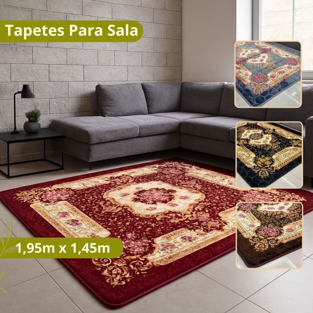 Tapete sala 1,95m x 1,45m Aveludado Estampado Indiano Floral ou Liso Antiderrapante Antialérgico
