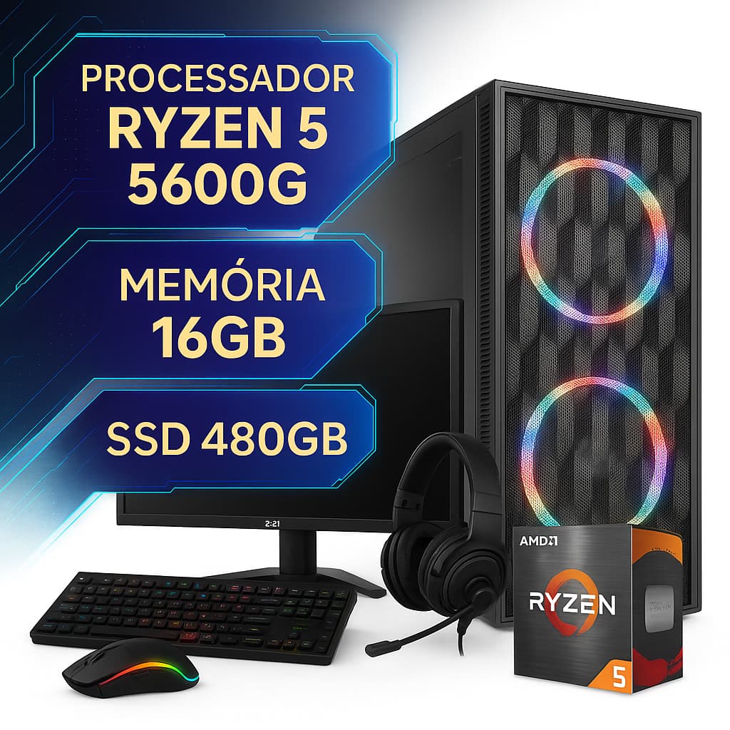 Computador Gamer AMD Ryzen 5 5600G 16GB SSD 480GB | Monitor 20" | Kit Completo RGB | Wi-Fi | Windows 11 Pro | PC Pronto