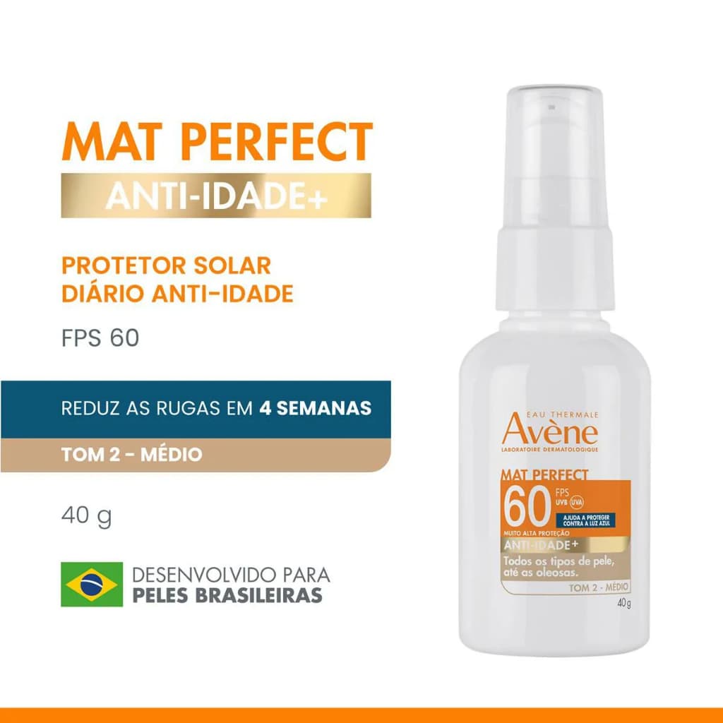 Protetor Solar Mat Perfect FPS 60 Anti Idade Tom 2 Médio Avene
