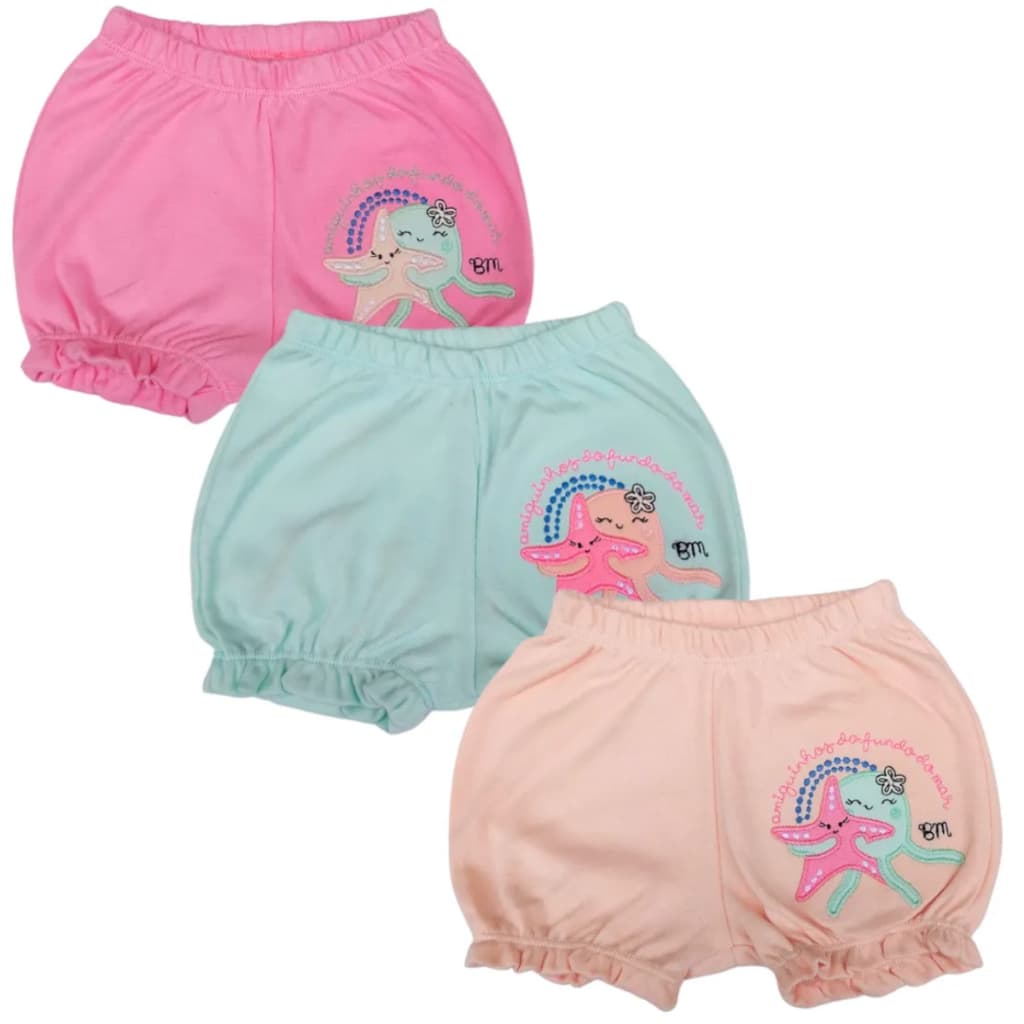 Shorts Tapa Fralda Bordado Frufru Em Suedine Kit 3 Peças