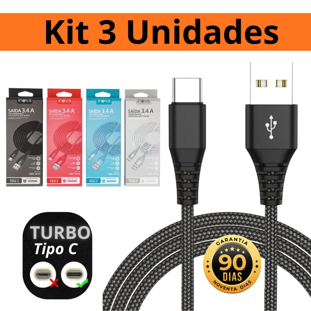 3 Cabos de Carregador Android e Ios USB-C 1 metros to USB-C Cable Cabo Rápido Turbo Comprido Resistente inova coloridos