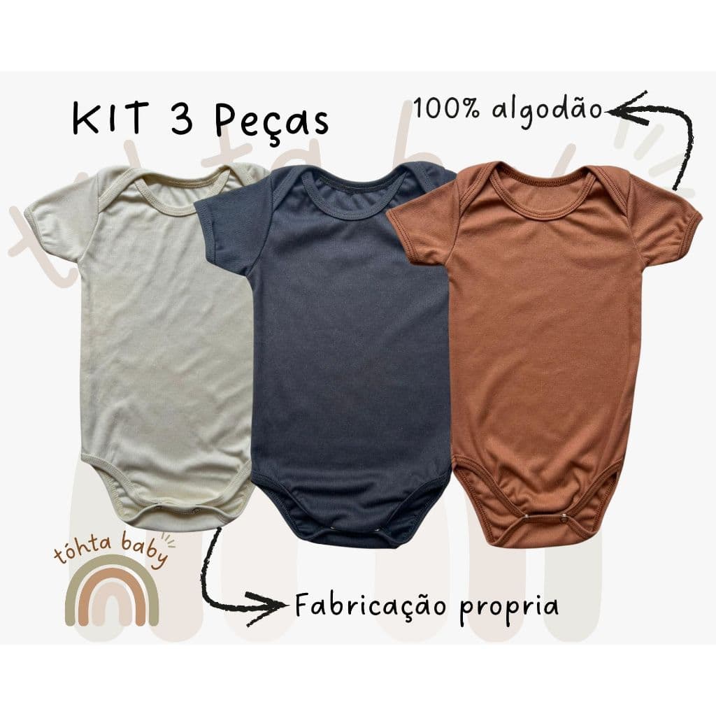 Kit 3 Body Bebê Infantil Algodão Manga Curta Unissex Estampa Liso Neutro Enxoval Básico Confortável Elegante Fácil Verão