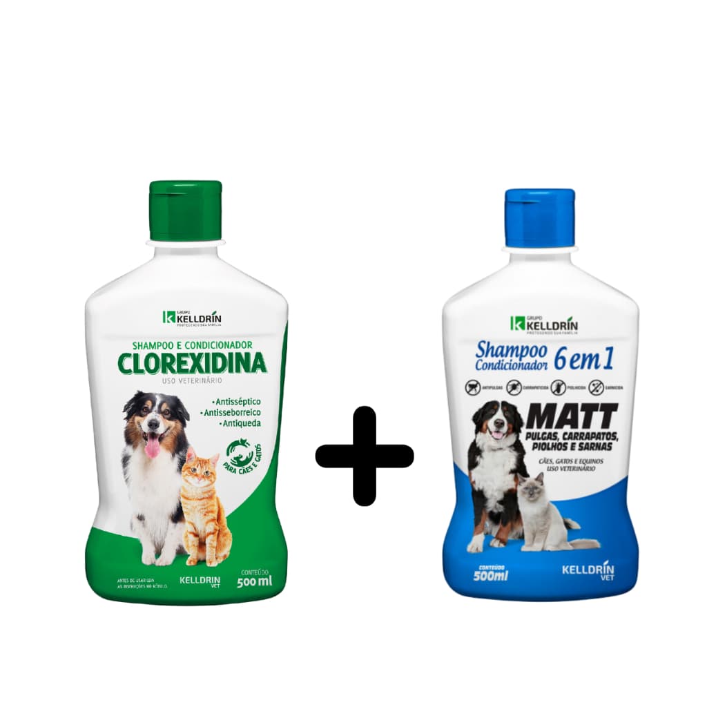 Kit Shampoo e Condicionador Clorexidina 500ml + Shampoo 6 em 1 para Cães e Gatos 500ml Kelldrin Vet