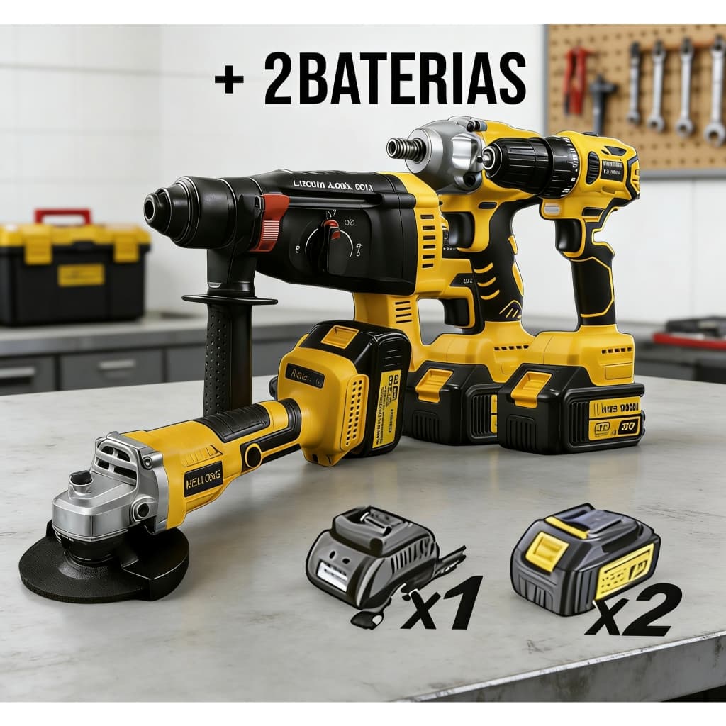 Kit de ferramentas profissional 4 em 1 : Furadeira, Chave De Impacto, Esmerilhadeira Angular, parafusadeira +2  bateria