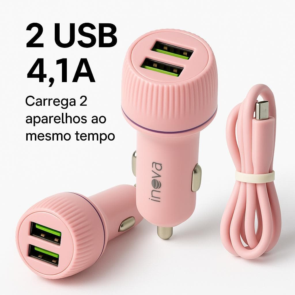 Carregador Veicular Inova V8 G06-S 4.1A Turbo  Rápido 2 USB + Cabo 1M IPhone serve Android