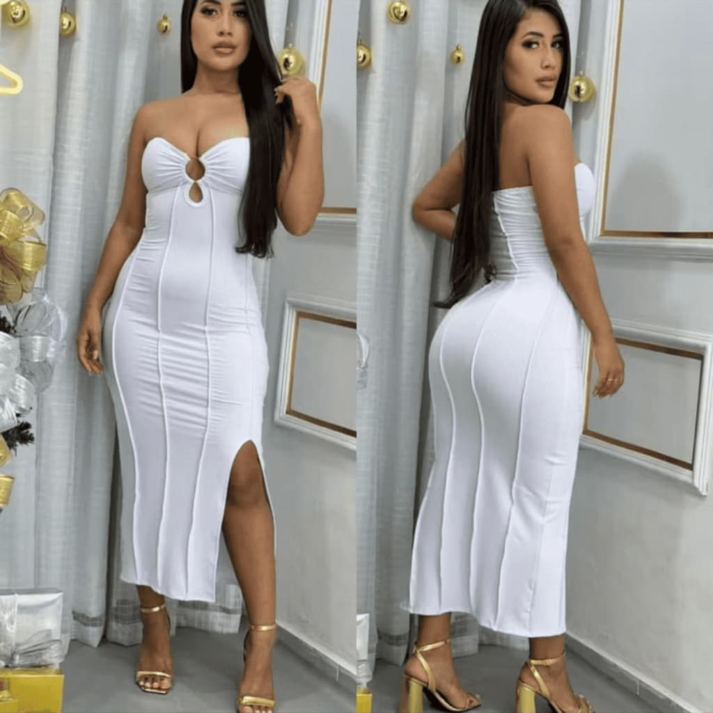 Vestido mídi tomara que caía com argola com bojo com fenda costura para moldar o corpo CRT