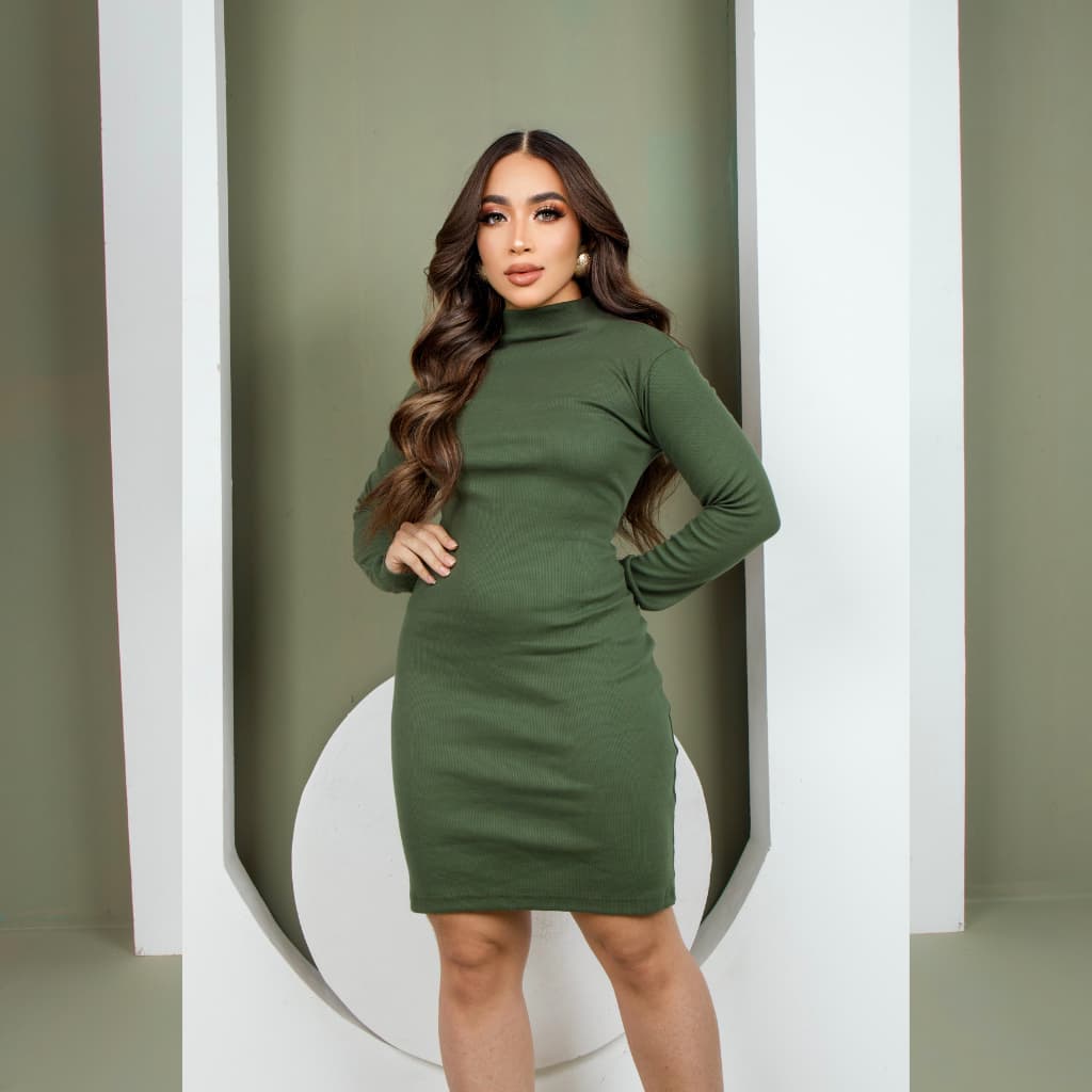 Vestido Feminino Tubinho Manga Longa Ribana Canelado Gola Alta Feminino Justo Elegante