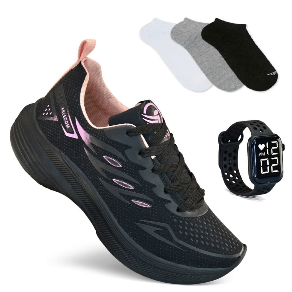 Tenis Feminino + Relogio + Meia Esportivo Versatil Caminhada Treino Corrida Super Leve e Macio Lançamento Promoção