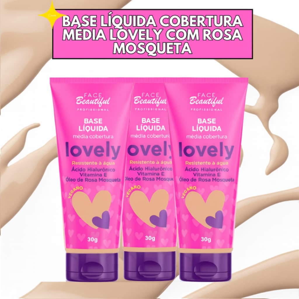 Base Liquida Média Cobertura e Hidratação Lovely Com Ácido Hialurônico Face Beautiful