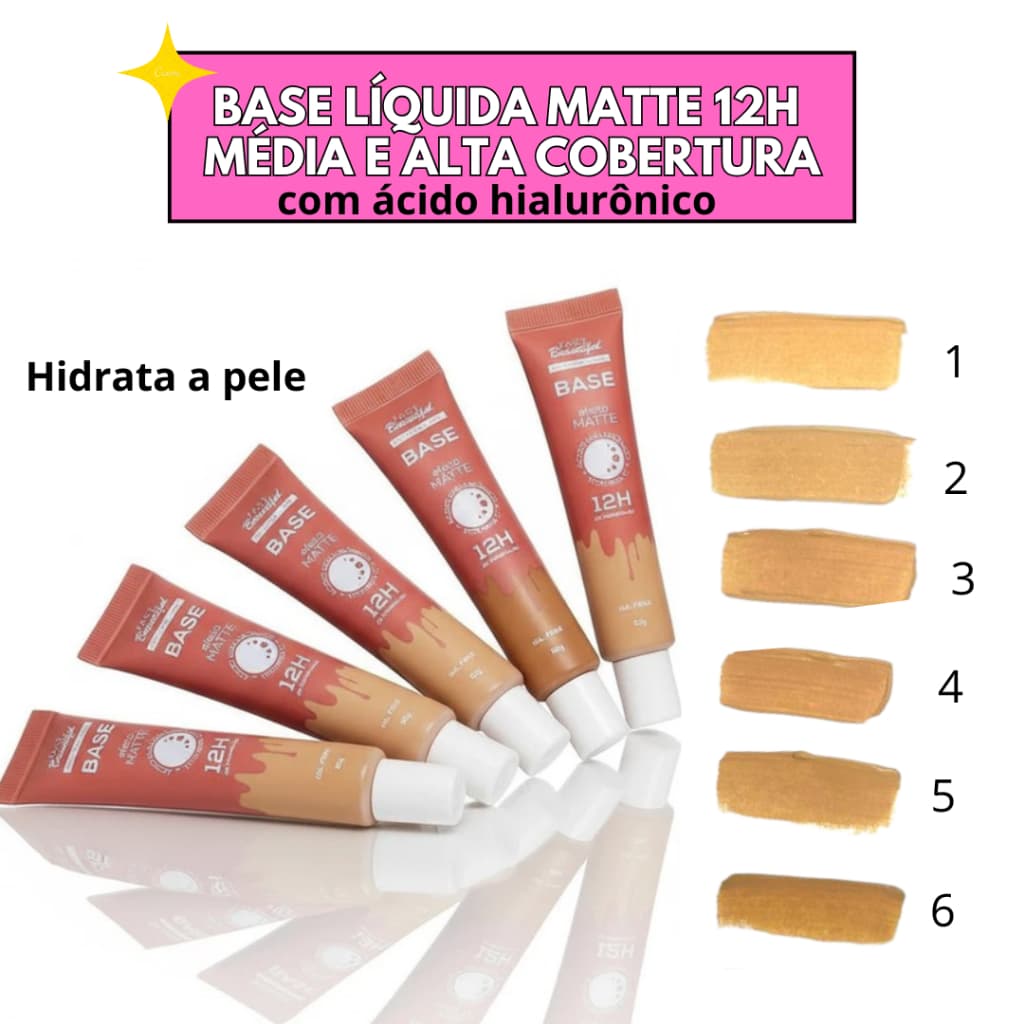 Base Liquida Matte duração 12HRS ALTA COBERTURA com  Ácido Hialurônico  Facebeautiful
