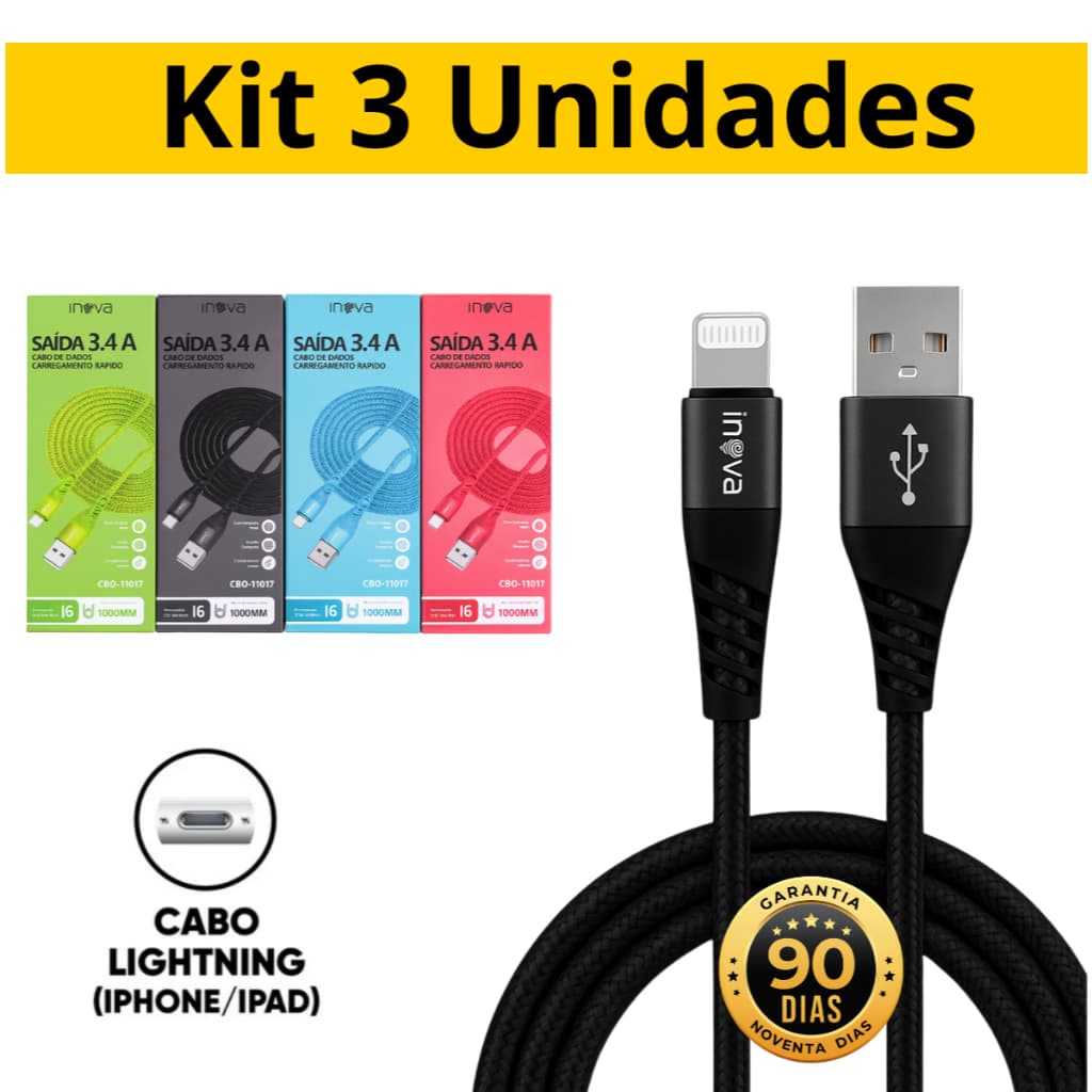 KIT 3 Cabos de Carregador Iphone lightning Ios  1 metros to Cable Cabo Rápido Turbo Comprido Resistente inova coloridos