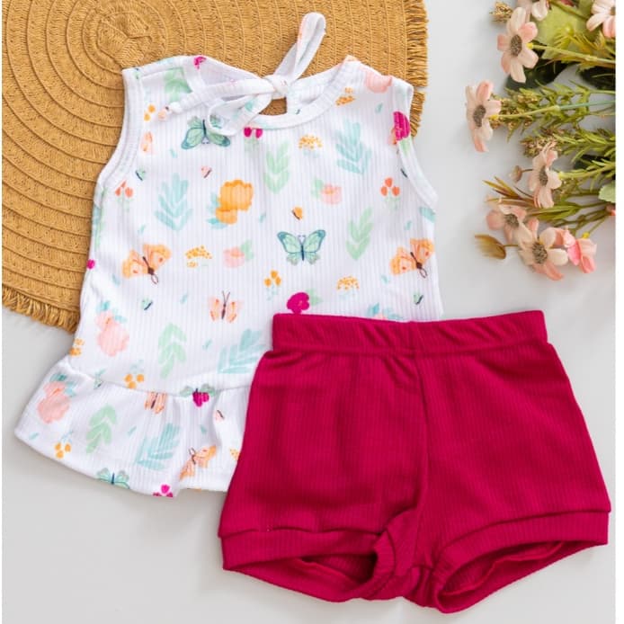 Conjunto Bebê Canelado Verão Infantil Regata Estampa Borboleta e Short Rosa Pink Menina