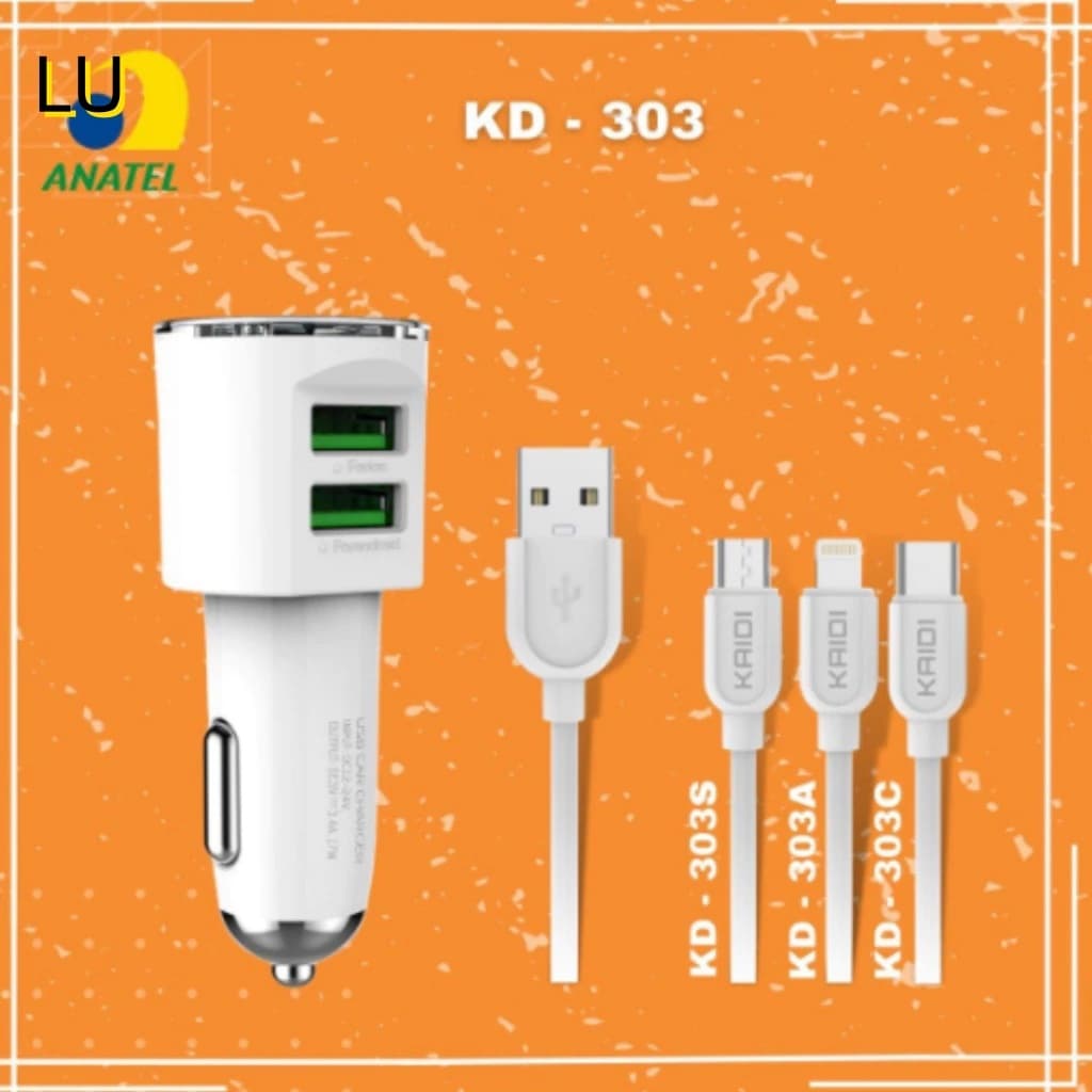 Carregador Veicular Turbo 2x Usb - Tipo C , IOS , MICRO USB Kaidi Kd-303C , Kd-303S , Kd-303A