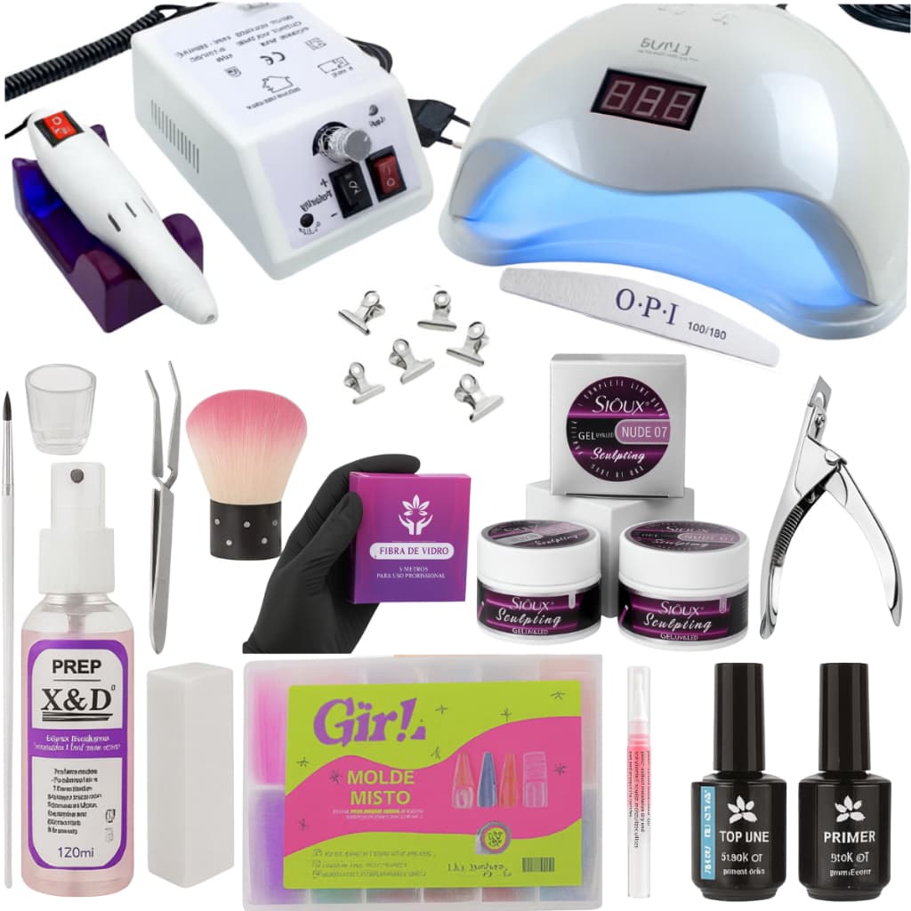 Kit Completo Alongamento Unha Gel Fibra e Mold F1 Lixadeira Mercedes 20000 RPM Profissional Manicure