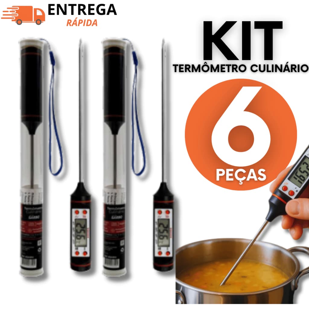 Conjunto 06 Termômetro Digital para Alimentos - Ideal para Óleo, Água e Carne, com Sonda Variáveis Utilidades