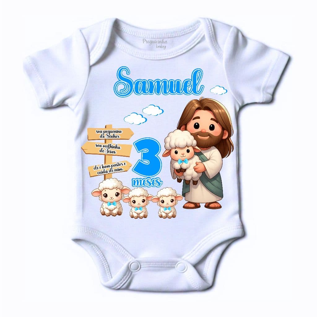 Body bebe Personalizado tema Ovelha de Jesus menino e menina com nome e mês