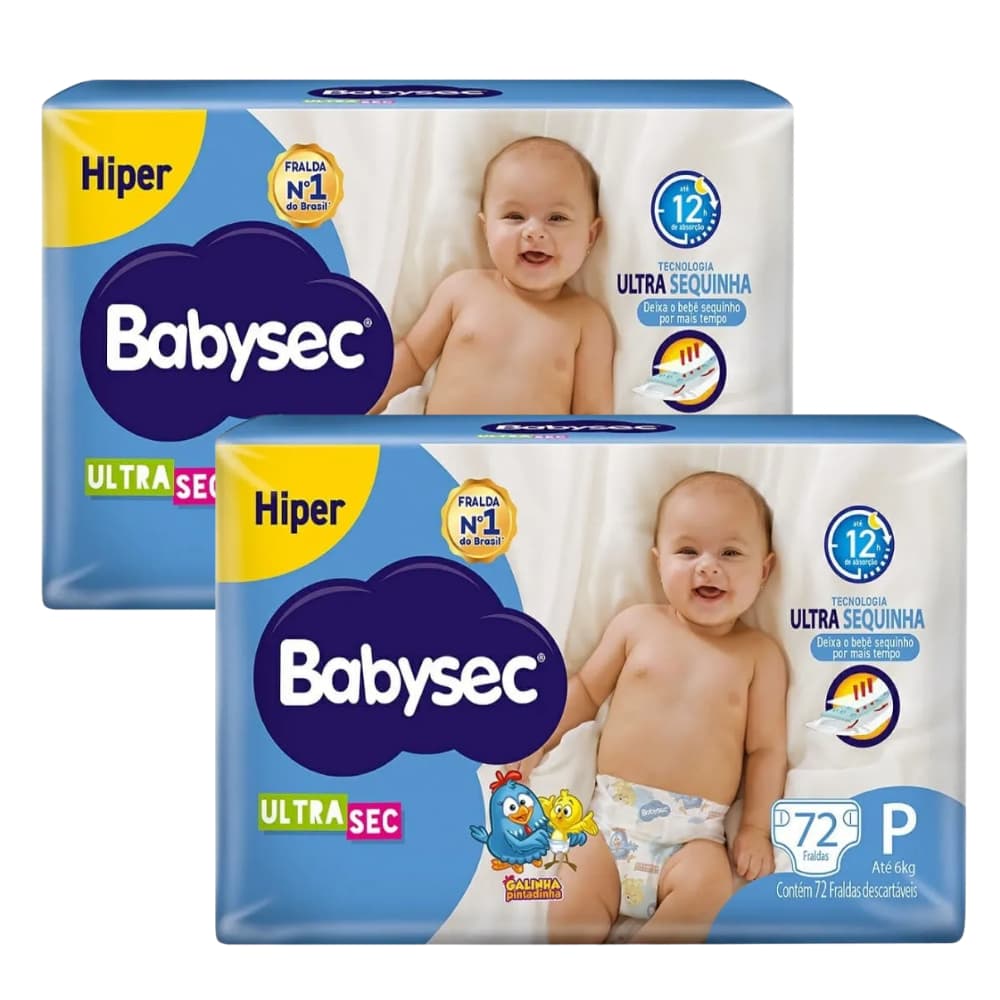 Kit 2x Pacote c/72 un tamanho P - Fralda BabySec Ultrasec Galinha Hiper – Até 12h de Proteção