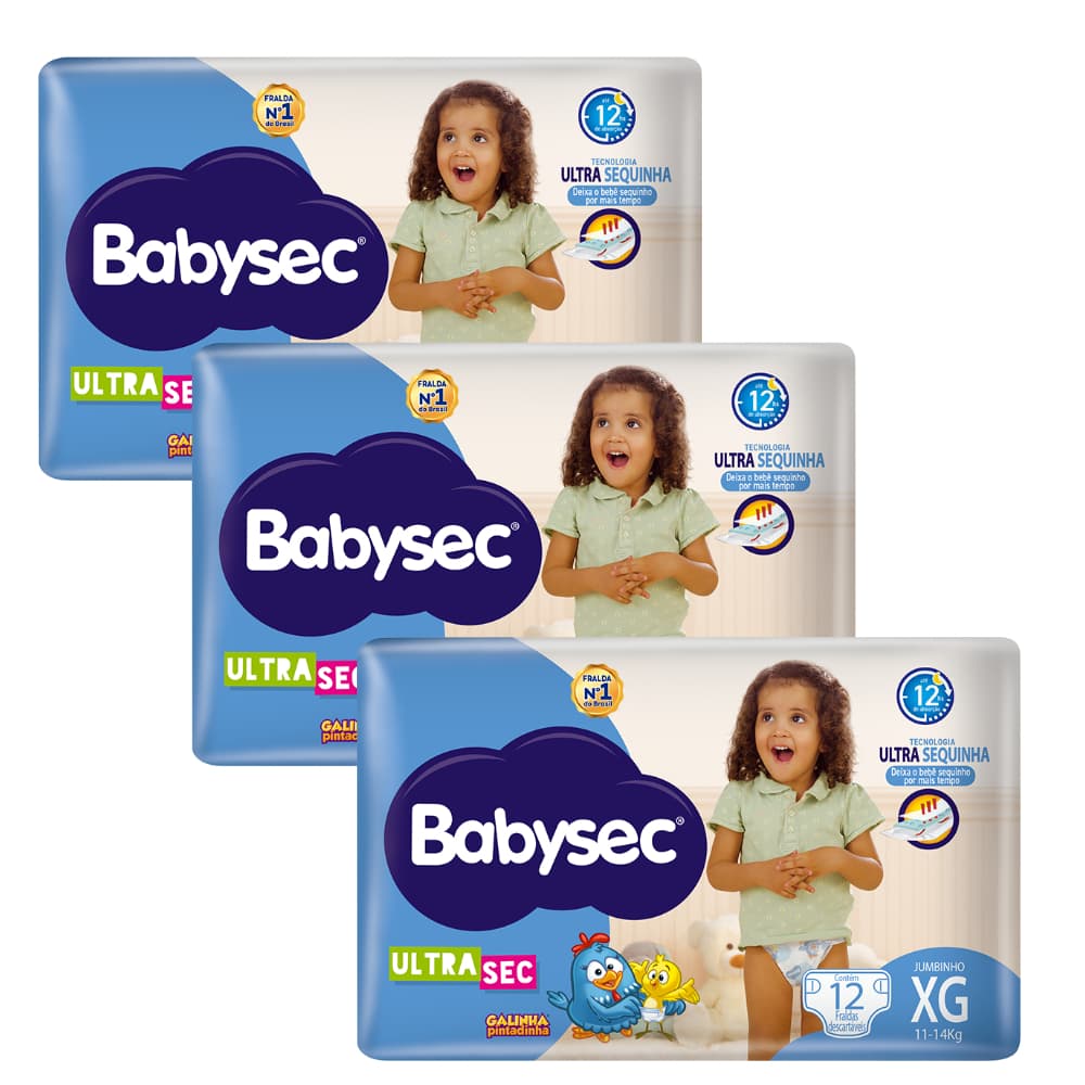 Pacote 3x Fralda Babysec UltraSec Jumbinho XG Galinha Pintadinha c/12un-  Barreiras antivazamento