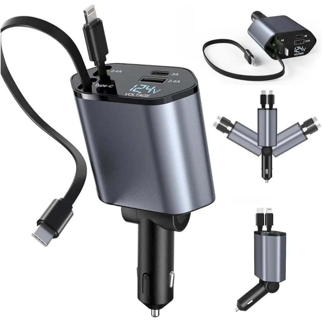 Carregador Veicular 4em1 Retrátil Turbo 120W Cabo Tipo C iPhone USB Display Voltagem Carro 12V 24V