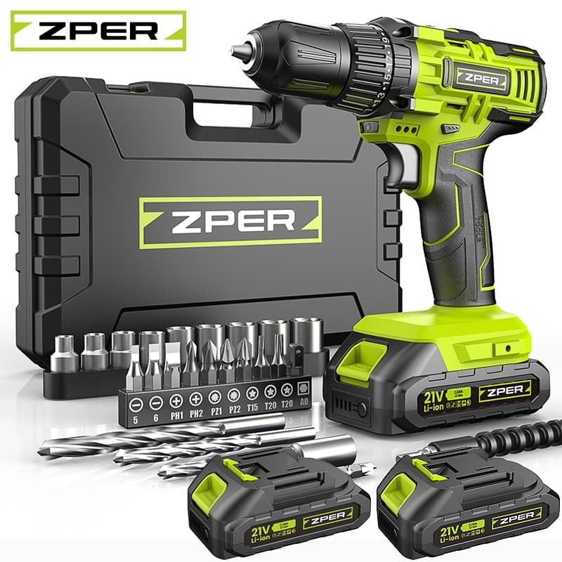 ZPER Furadeira Parafusadeira A Bateria 21V Com Duas Bateria Maleta Kit Ferramentas Completo