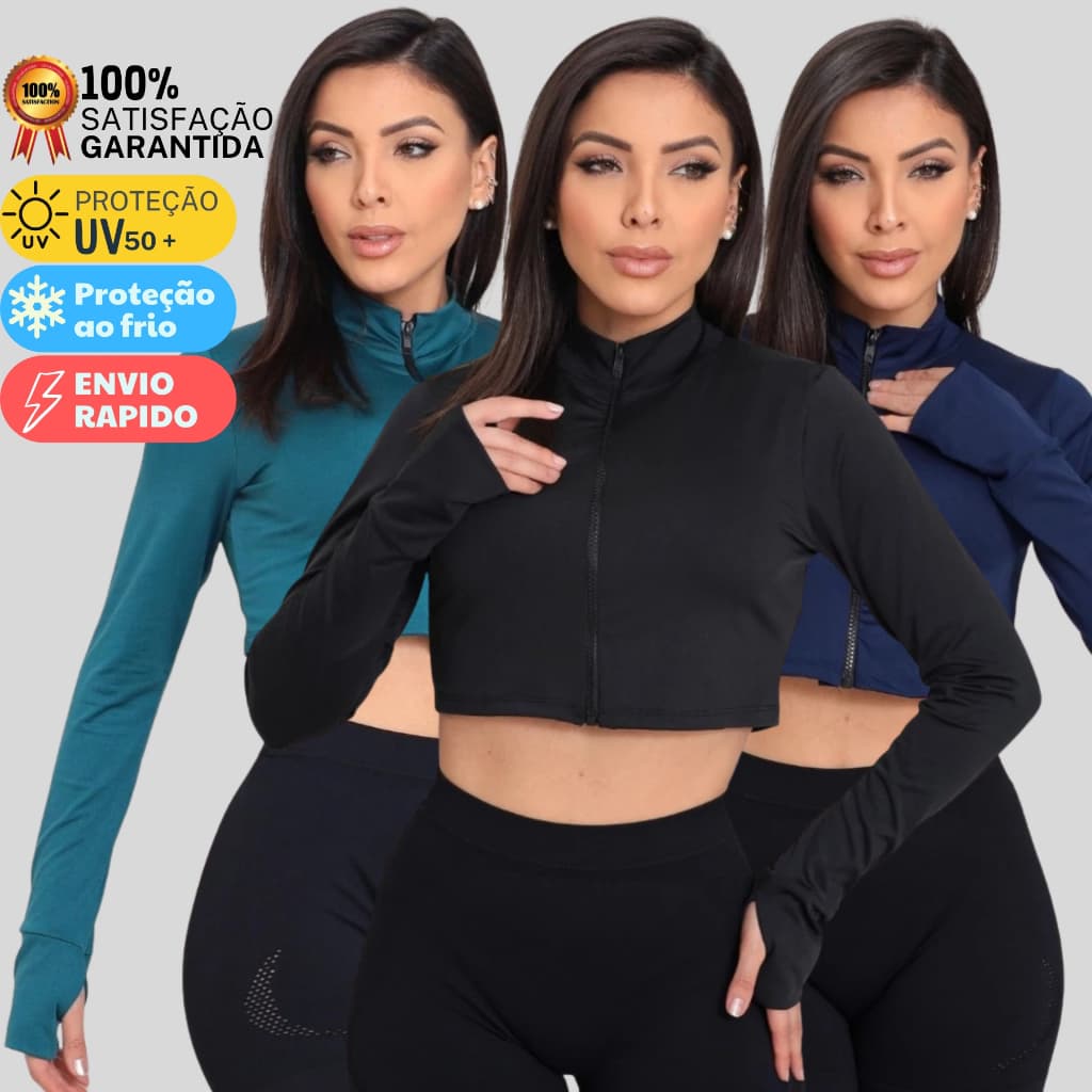 Kit 3 Casaquinho Blusa Feminina Cropped Proteção Solar Zíper Top Fitness Academia Musculação Treino