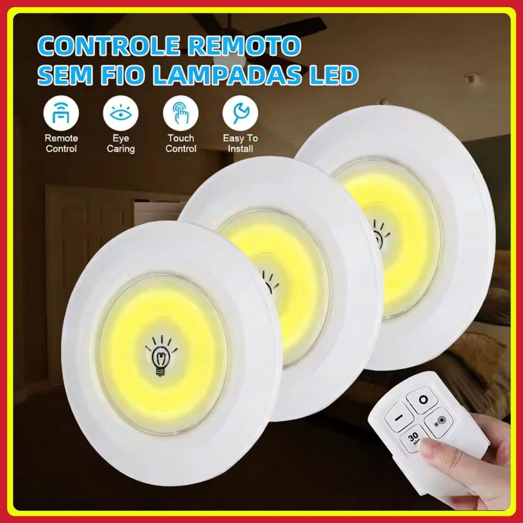 Kit  Lâmpada Luminaria Led Spot Sem Fio Controle Remoto cor Branco Usa Pilha AAA