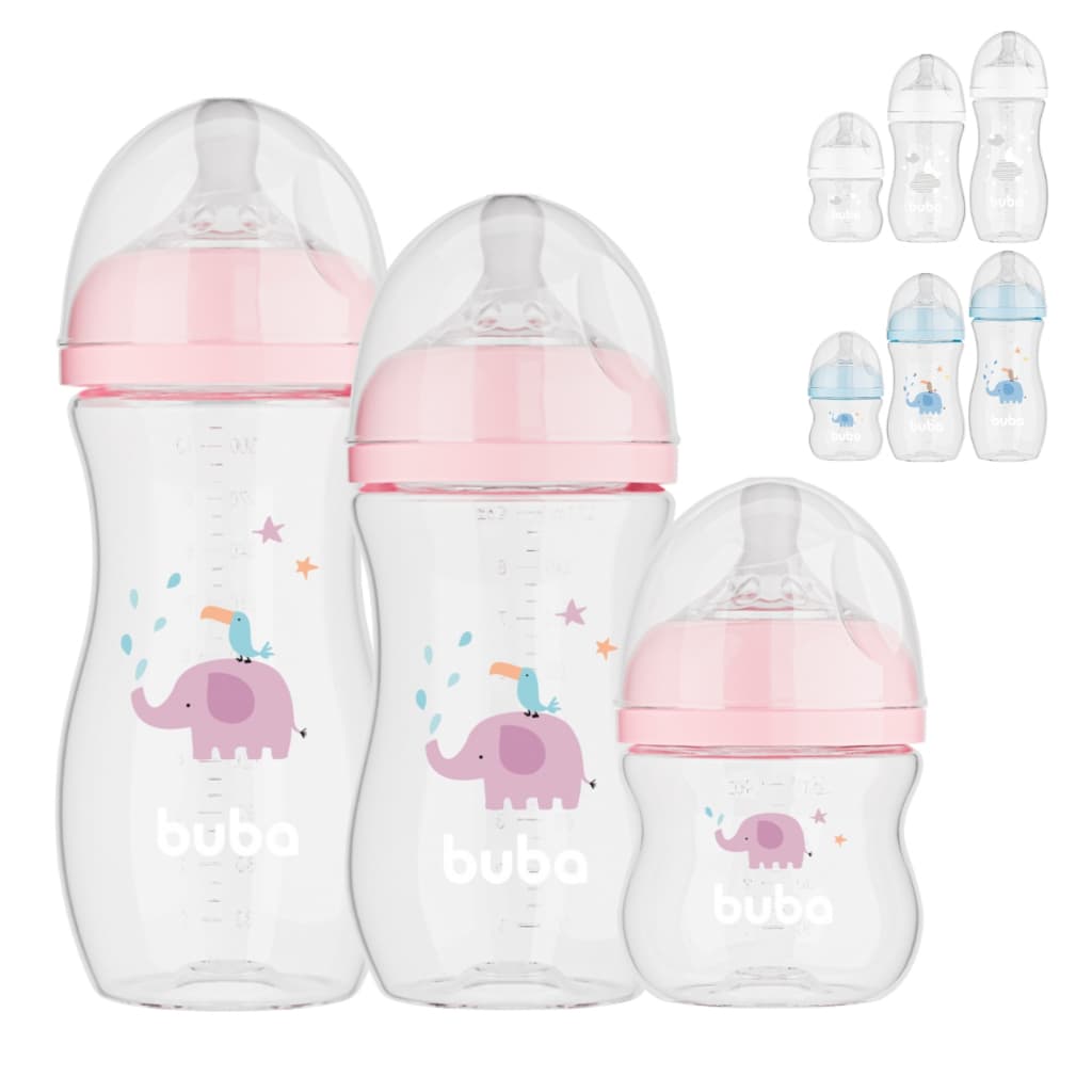 Kit 3 Mamadeiras Anticólica Buba Menino e Menina 120 ml 270 ml e 330 ml