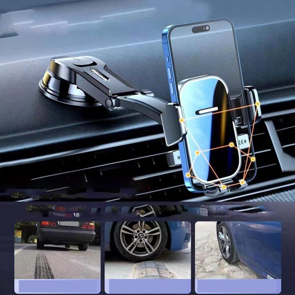 Suporte de Telefone Antichoque para Carro - Braço Longo, Ventosa, Rotação 360°