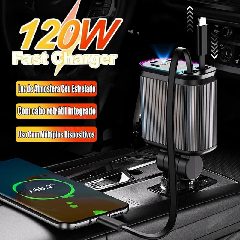 Carregador de carro retrátil, carregador rápido de para carro 4 em 1 para iPhone e Android com LED Starry Sky-Extensíve