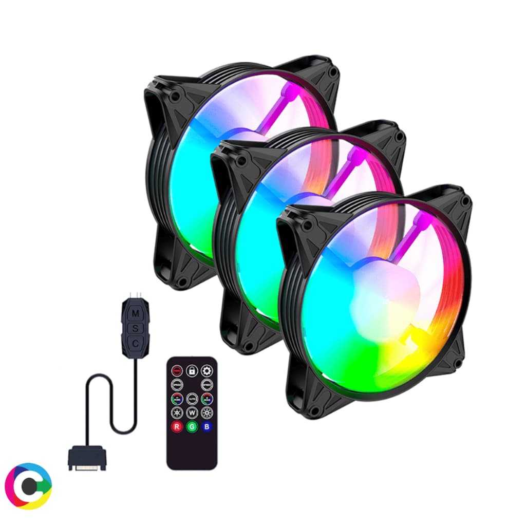 Kit 3 Cooler RGB Gamer Rainbow e Controle LED Colorido Controladora Fan Ventoinha Gabinete CPU