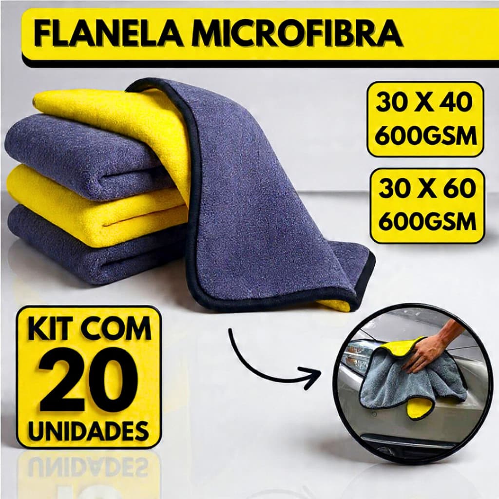 Kit 20 Pano Flanela Microfibra Automotiva 600GSM Premium Para Lavagem polimento de Carro