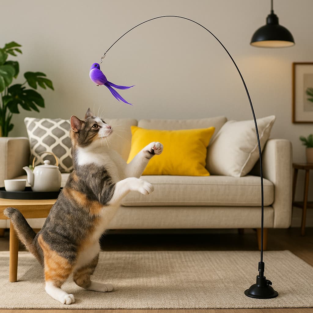Brinquedo Varinha Gato Pena de Passaro Com Ventosa Fixa No Chao