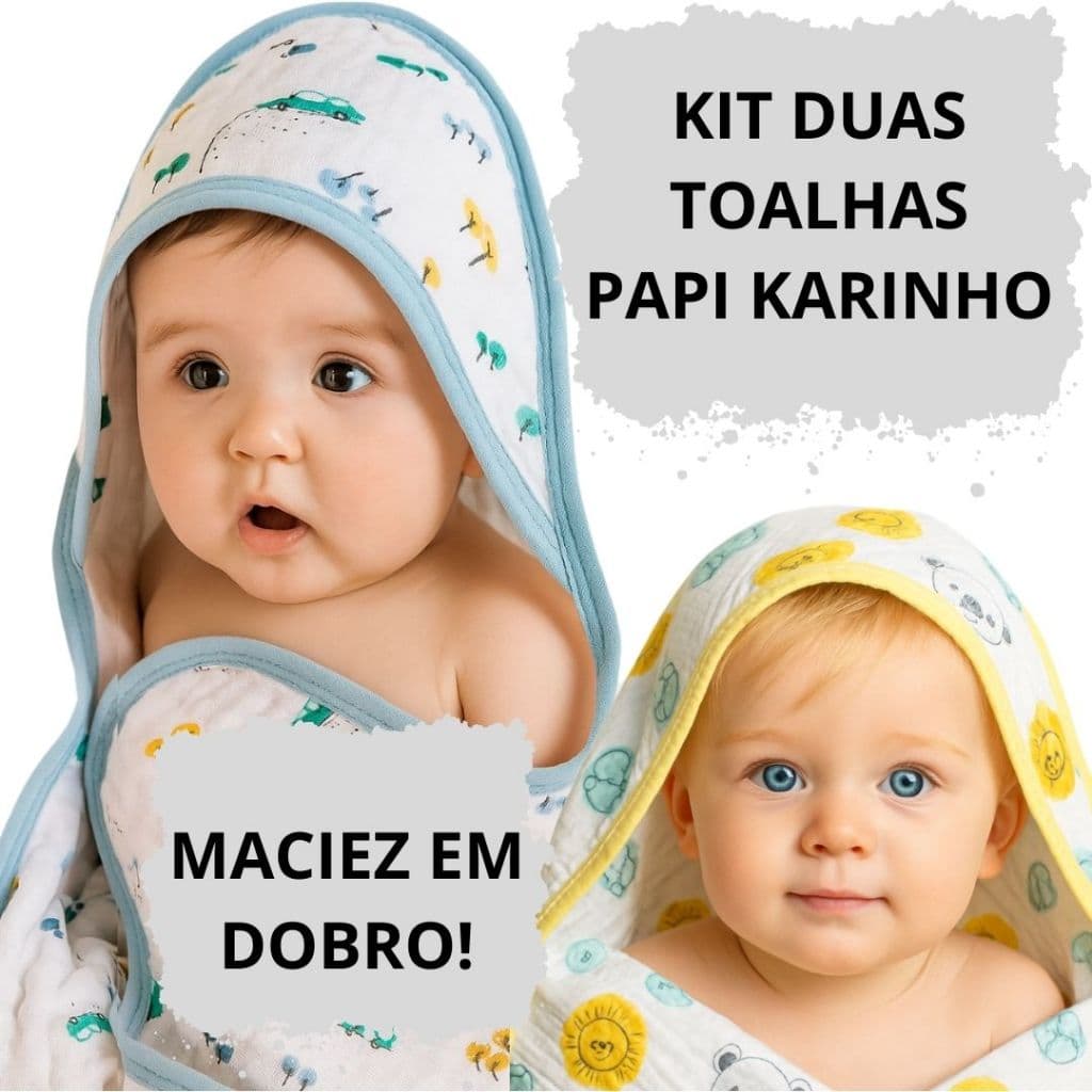 Kit 2 Toalhas de Banho Bebê Papi Karinho Fralda Soft 80x80cm Dupla Camada 100% Algodão com Capuz