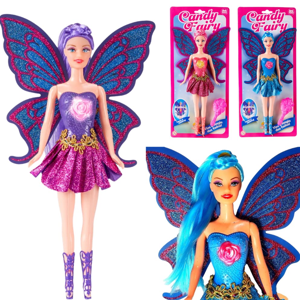 Boneca Fada Candy Fairy com LED + Pente para o Cabelo Toca Música e Bailarina Articulada Ballet