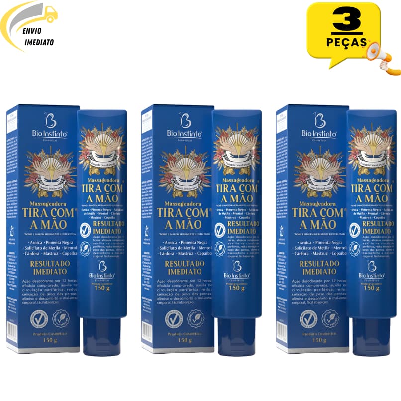 Kit 3, 2 ou 1 Pomadas Massageadora Desodorante Tira Com a Mão 150g Bio Instinto