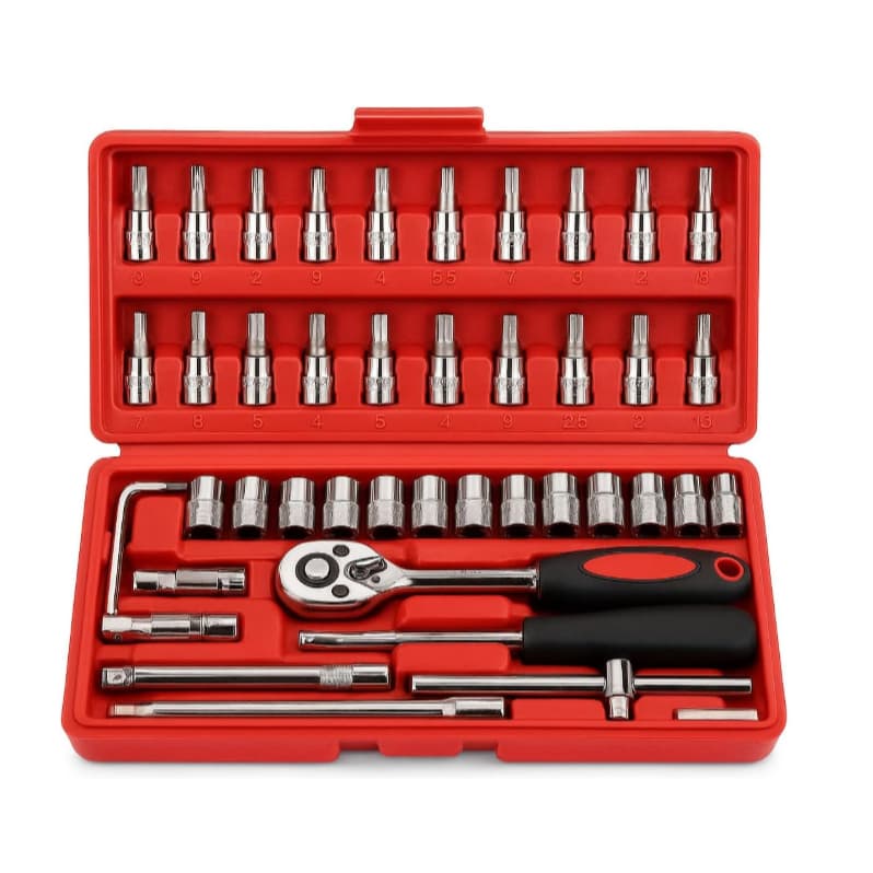 Kit de Soquetes 46 Peças Catraca Reversível + Extensões Bits e Maleta Ferramentas CompletO p/Reparos
