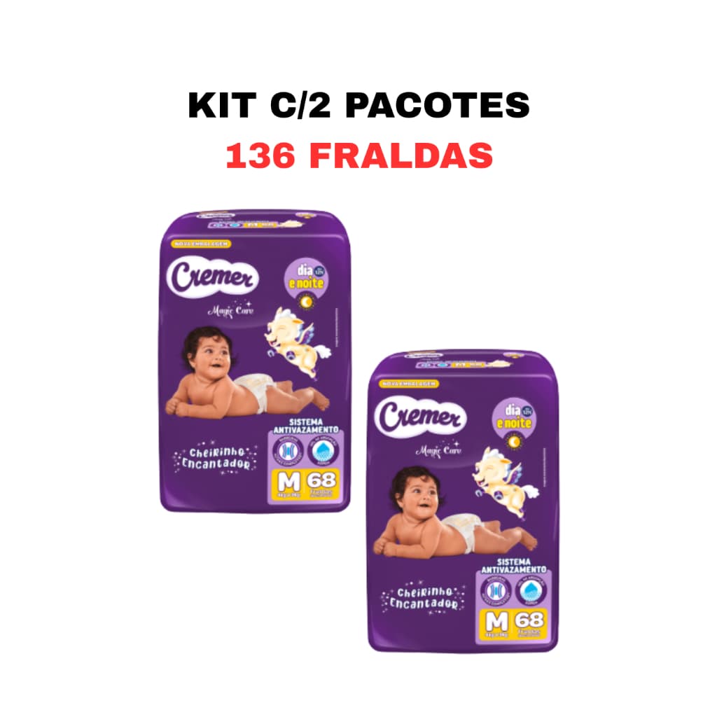 Kit com 2 pacotes de Fraldas Cremer M C/68 = 136 FRALDAS