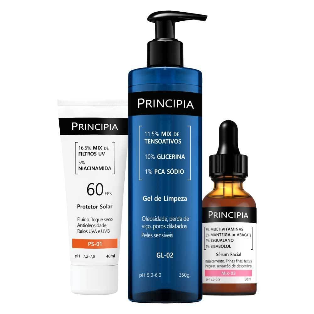 Principia Kit Restaurador c/ Gel de Limpeza GL-02 + Sérum Multirreparador MIX-03 + Protetor Solar PS-01 FPS 60