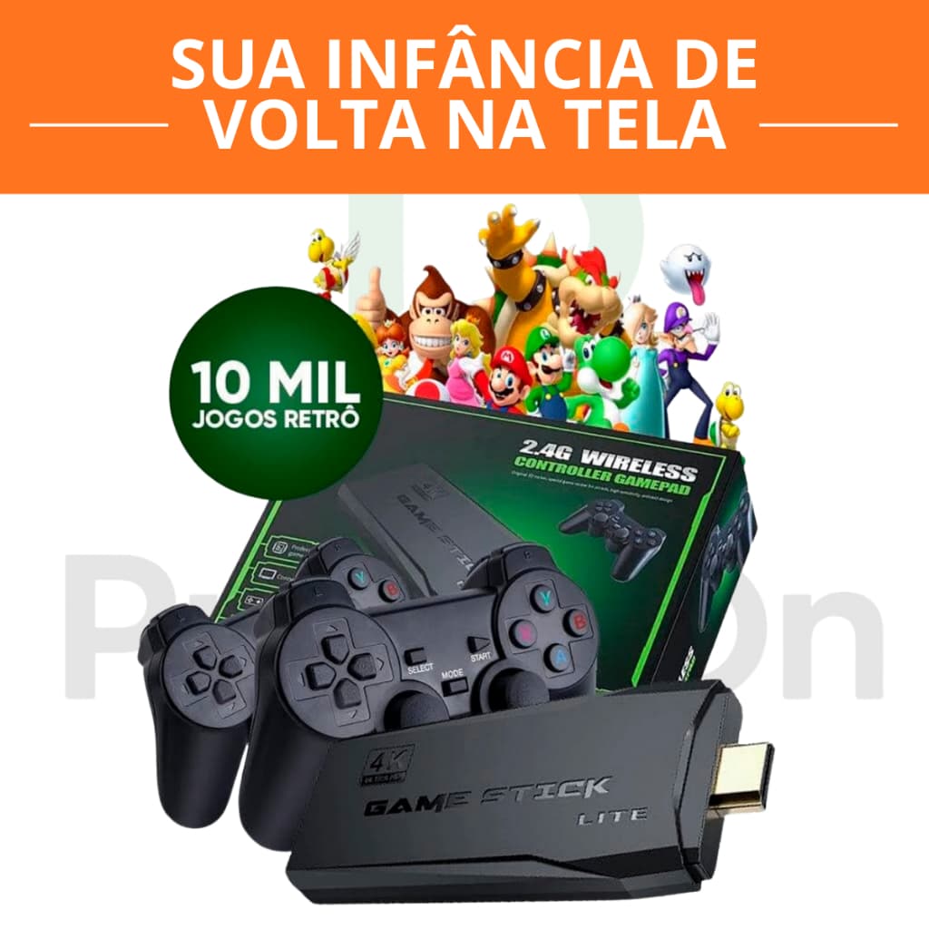 Vídeo Game Stick 4K HDMI 64GB 10.000+ Jogos Retrô com 2 Controles Sem Fio Console Retro TV