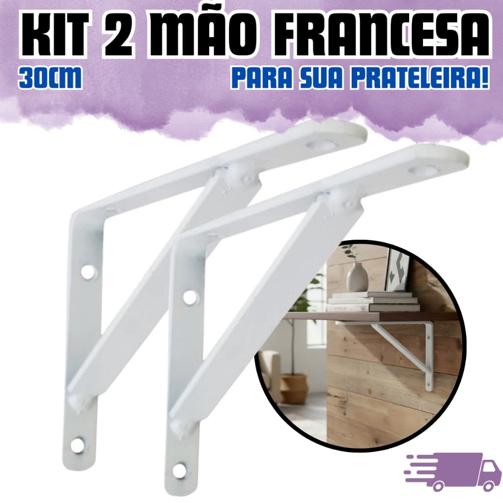 Kit 2 Suportes Mão Francesa Cantoneira 30cm para Prateleira em Ferro Fixação Parede Alta Resistência