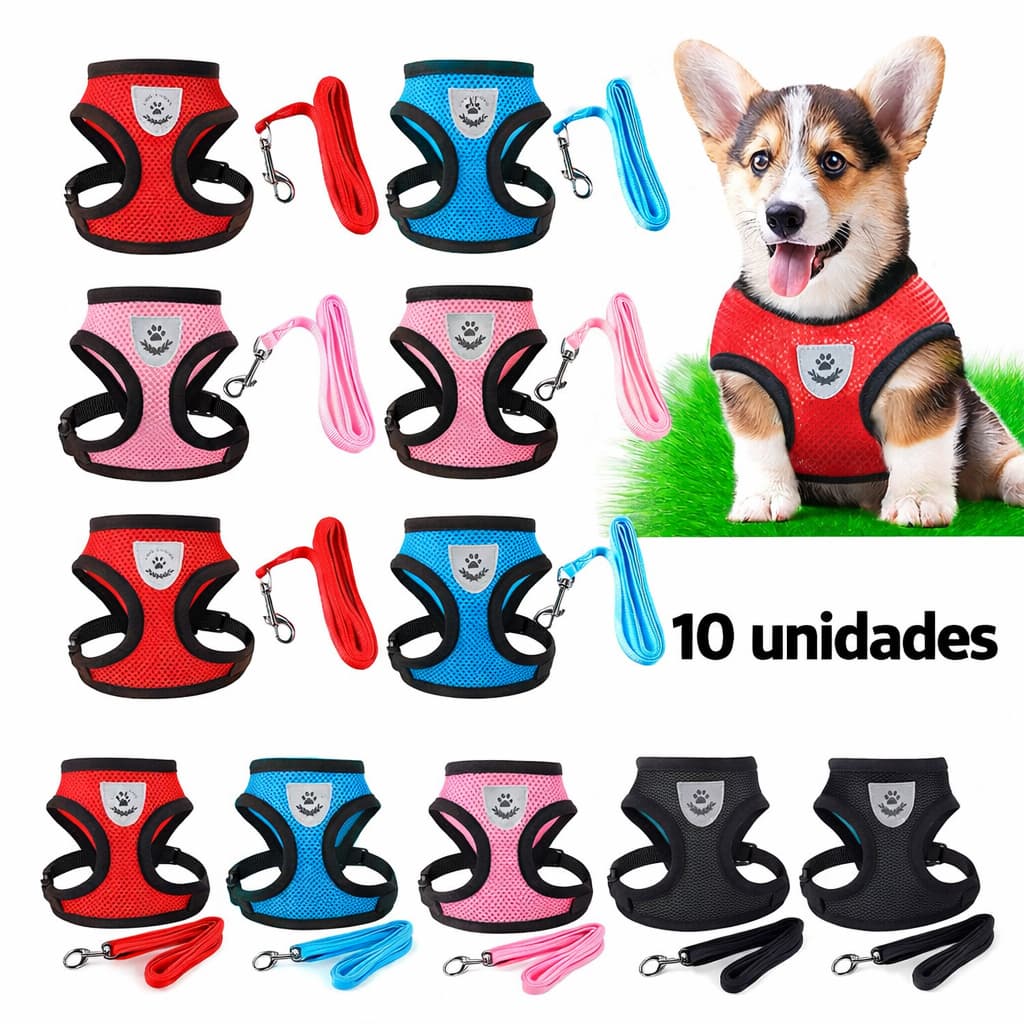 Coleira Peitoral Cachorro e Gato ( 10PÇS ) Refletivo conjunto com Guia e Ajustável e Resistente