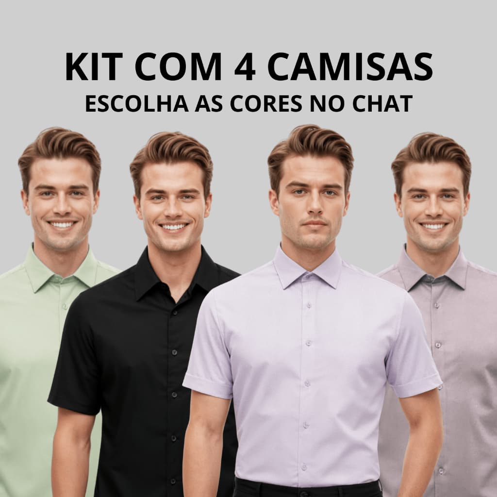 Kit 4 Camisa Social Manga Curta Slim Algodão Masculina Elastano Premium Luxo Slim Fit Casual