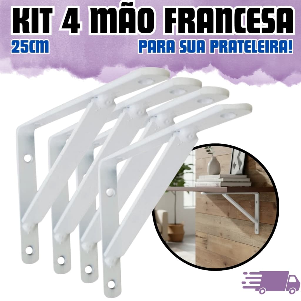 Kit 4 Suportes Mão Francesa Cantoneira 20cm para Prateleira Ferro Fixação Parede Alta Resistência
