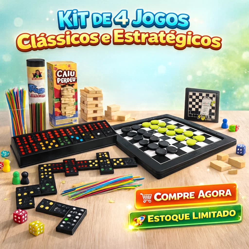 Kit 4 Jogos De Tabuleiro Estratégicos Família Madeira E Plástico Completo